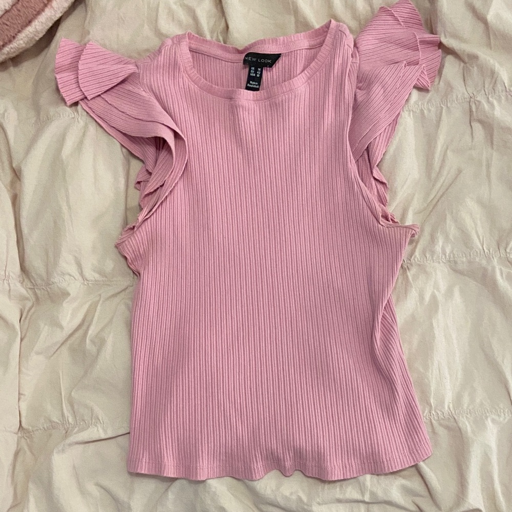 New Look Pink Ribbed Tank Top with Ruffle Sleeves